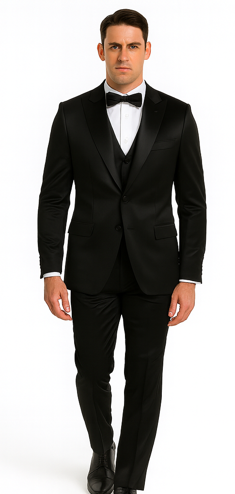 Men's Black Satin 3 Piece Slim Fit Tazzio Suit with Peak Lapel Suit