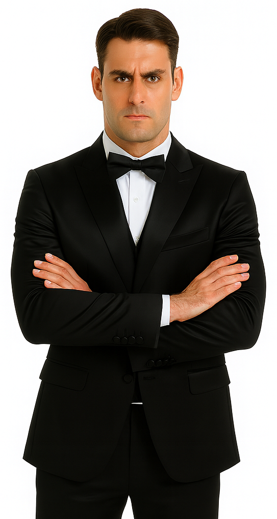 Men's Black Satin 3 Piece Slim Fit Tazzio Suit with Peak Lapel Suit