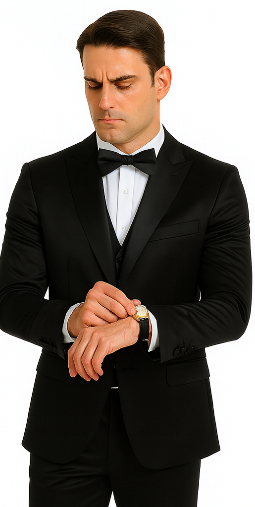 Men's Black Satin 3 Piece Slim Fit Tazzio Suit with Peak Lapel Suit