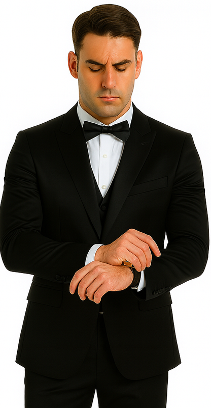 Men's Black Satin 3 Piece Slim Fit Tazzio Suit with Peak Lapel Suit