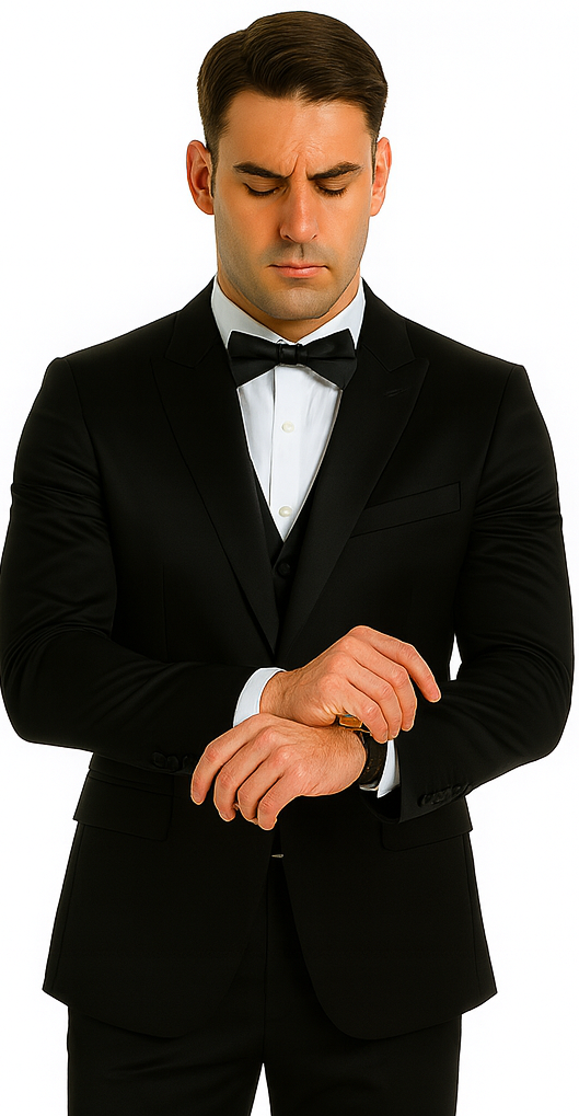 Men's Black Satin 3 Piece Slim Fit Tazzio Suit with Peak Lapel Suit