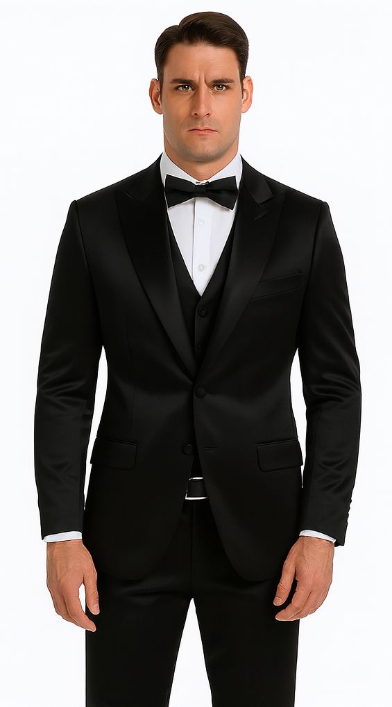 Men's Black Satin 3 Piece Slim Fit Tazzio Suit with Peak Lapel Suit