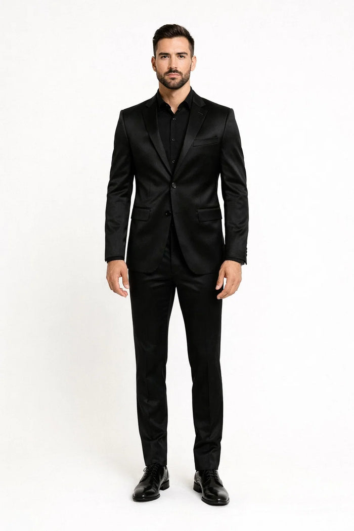 Black Satin Flex Two-Piece Suit  Slim Fit Sport Coat and Matching Pants