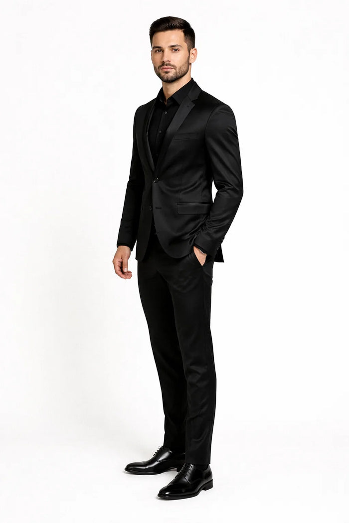 Black Satin Flex Two-Piece Suit  Slim Fit Sport Coat and Matching Pants