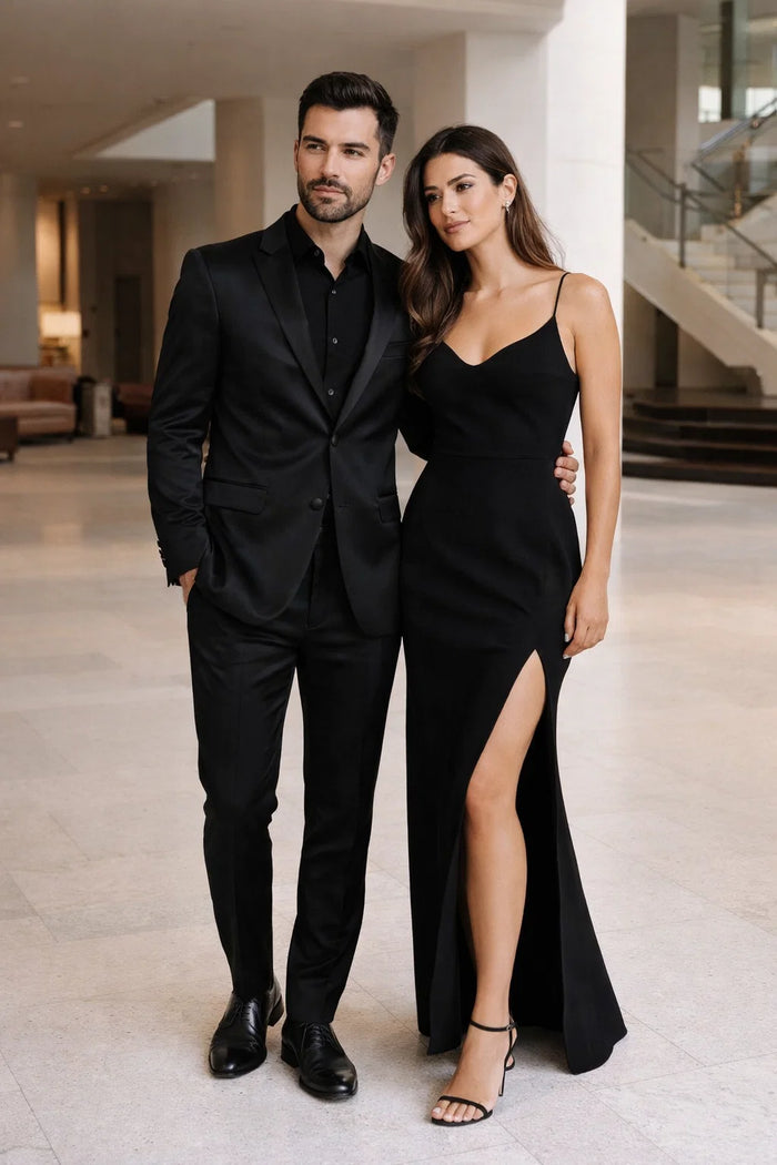 Black Satin Flex Two-Piece Suit  Slim Fit Sport Coat and Matching Pants