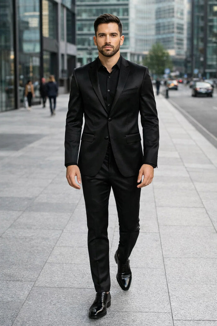 Black Satin Flex Two-Piece Suit  Slim Fit Sport Coat and Matching Pants