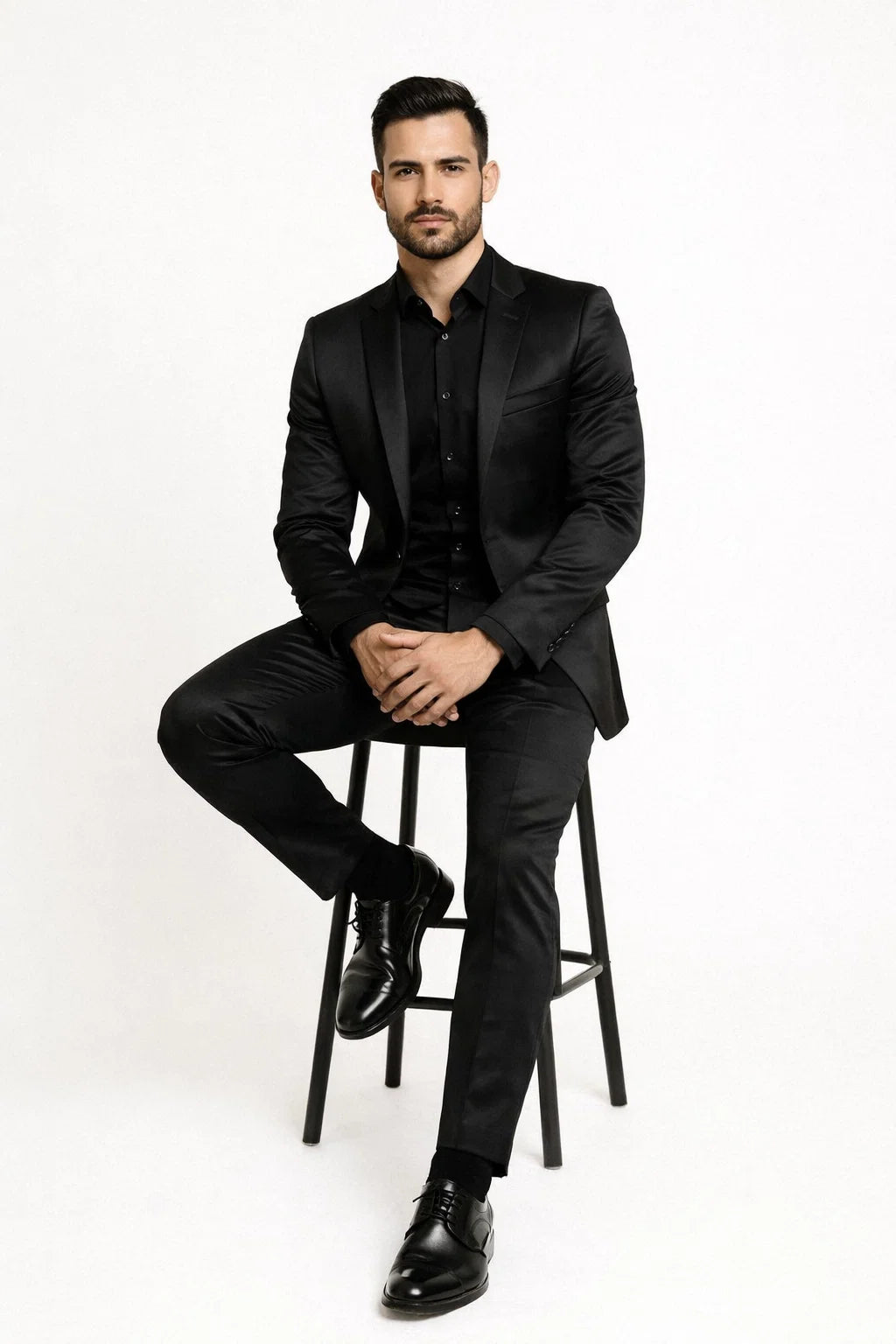 Black Satin Flex Two-Piece Suit  Slim Fit Sport Coat and Matching Pants