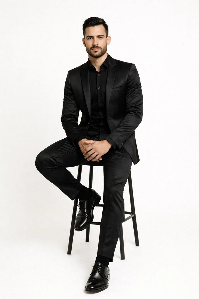 Black Satin Flex Two-Piece Suit  Slim Fit Sport Coat and Matching Pants