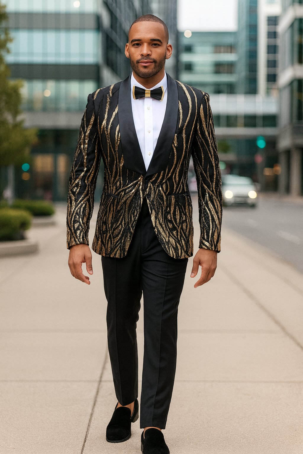 Black Tuxedo - Shawl Lapel Black and Gold Sequin Prom Tuxedo Mens Wedding Suit - Black Prom Suit
