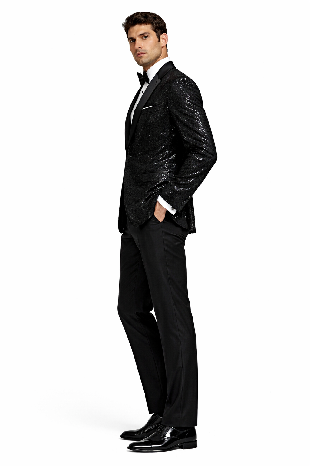 Black Sequin Tuxedo Suit with Satin Shawl Lapel  Mens Slim Fit Formal Prom and Wedding Attire