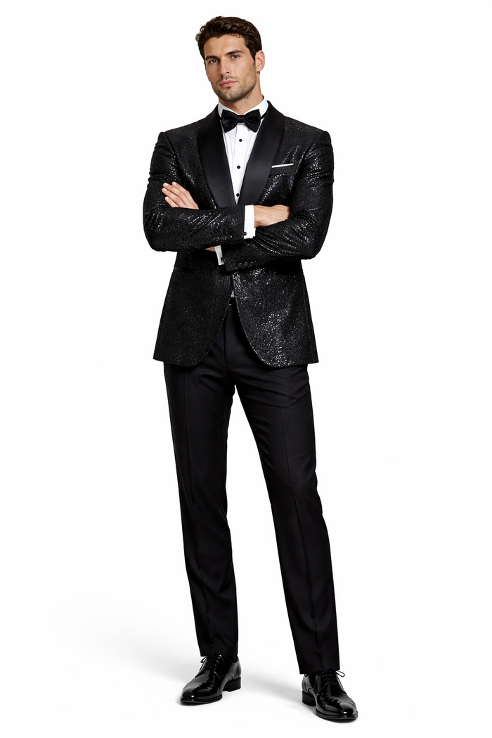Black Sequin Tuxedo Suit with Satin Shawl Lapel  Mens Slim Fit Formal Prom and Wedding Attire