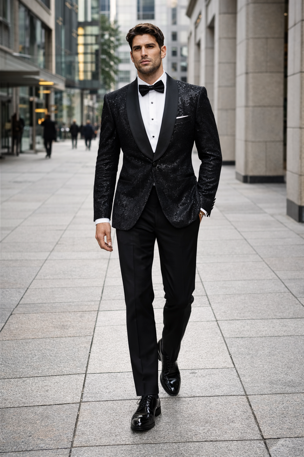 Black Sequin Tuxedo Suit with Satin Shawl Lapel  Mens Slim Fit Formal Prom and Wedding Attire