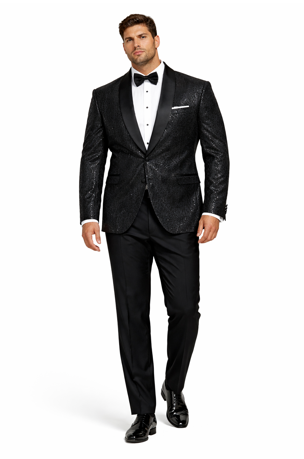 Black Sequin Tuxedo Suit with Satin Shawl Lapel  Mens Slim Fit Formal Prom and Wedding Attire