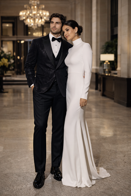 Black Sequin Tuxedo Suit with Satin Shawl Lapel  Mens Slim Fit Formal Prom and Wedding Attire