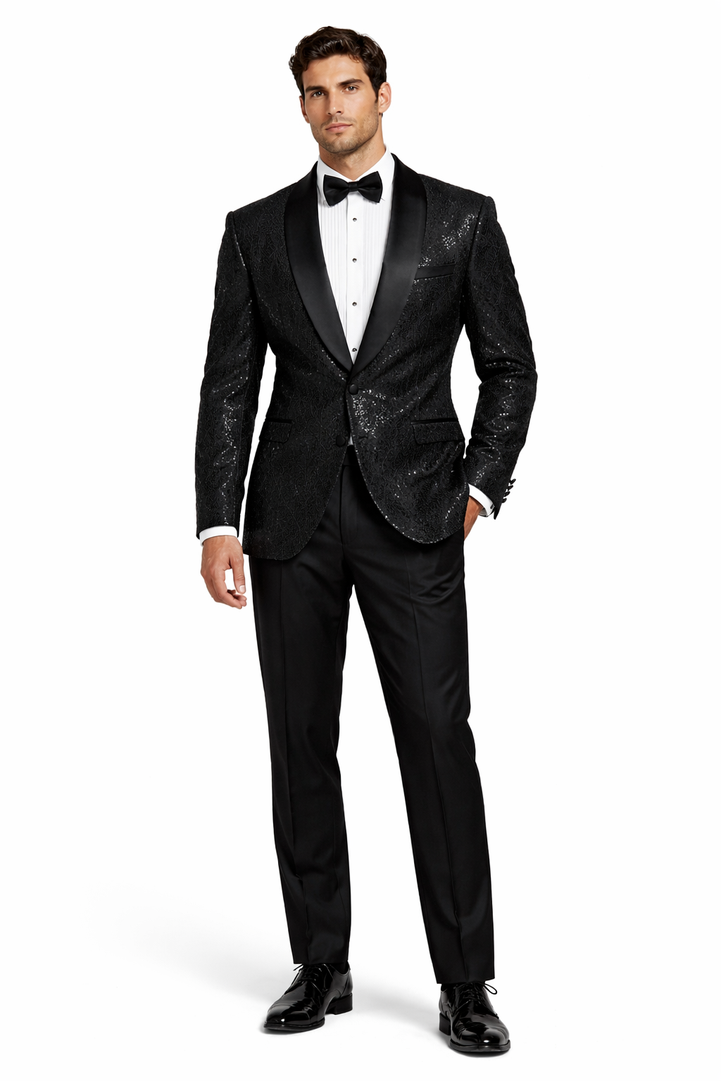 Black Sequin Tuxedo Suit with Satin Shawl Lapel  Mens Slim Fit Formal Prom and Wedding Attire