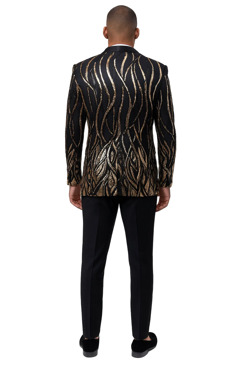 Black Tuxedo - Shawl Lapel Black and Gold Sequin Prom Tuxedo Mens Wedding Suit - Black Prom Suit