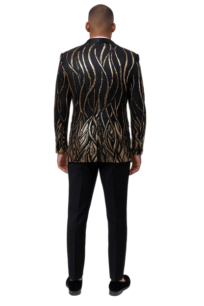 Black Tuxedo - Shawl Lapel Black and Gold Sequin Prom Tuxedo Mens Wedding Suit - Black Prom Suit