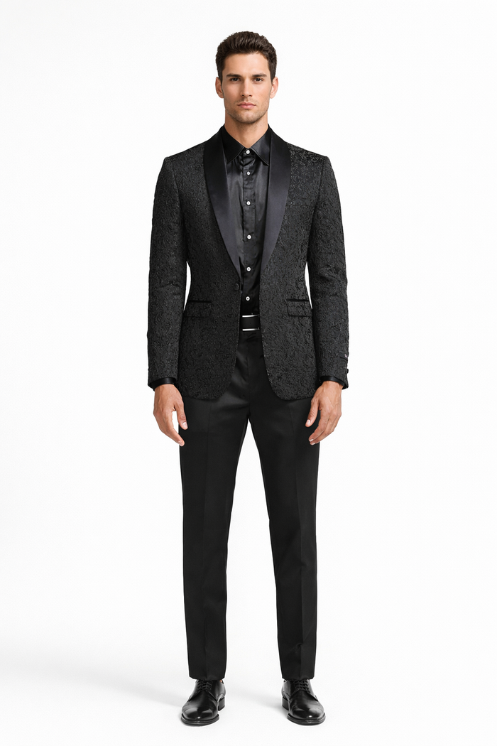 Black Tuxedo - Mens Wedding Suit Tonal Paisley - Black Blazer Only