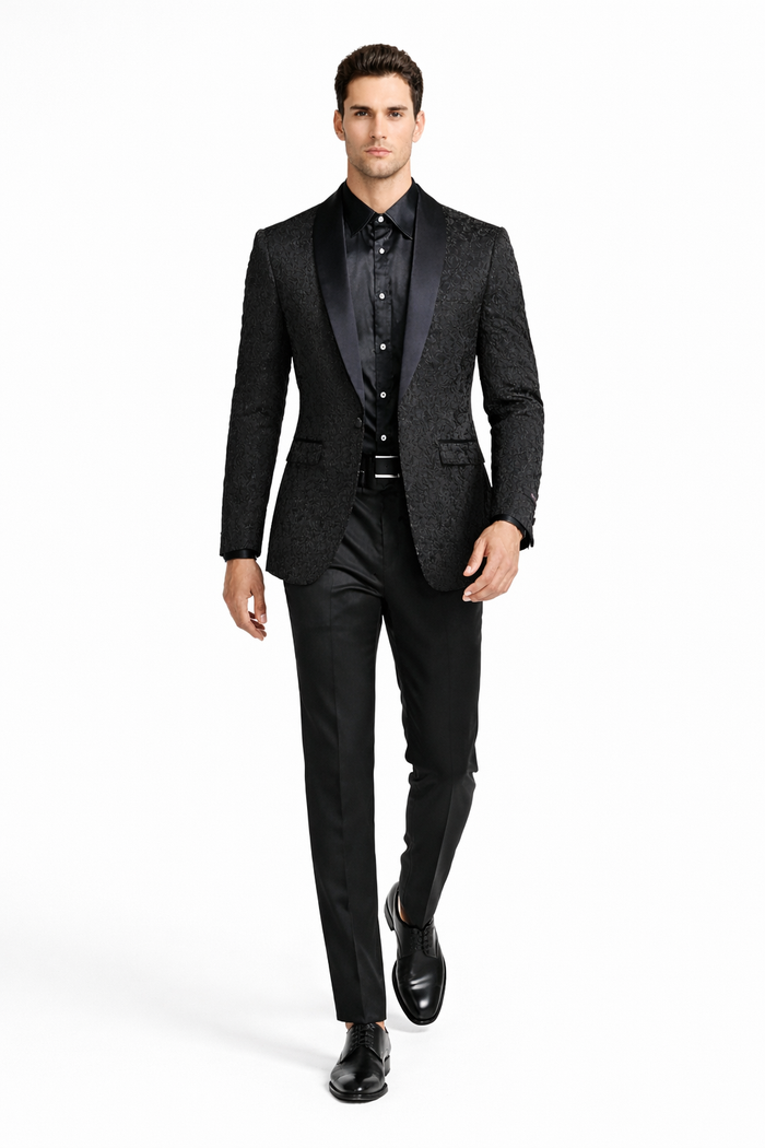 Black Tuxedo - Mens Wedding Suit Tonal Paisley - Black Blazer Only