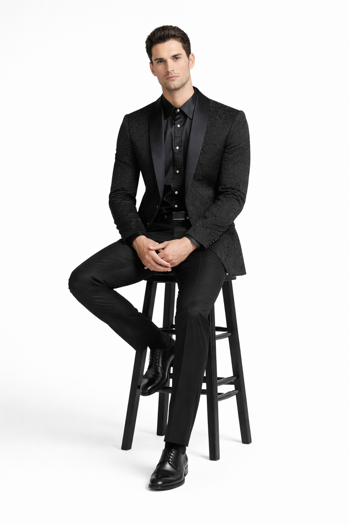 Black Tuxedo - Mens Wedding Suit Tonal Paisley - Black Blazer Only