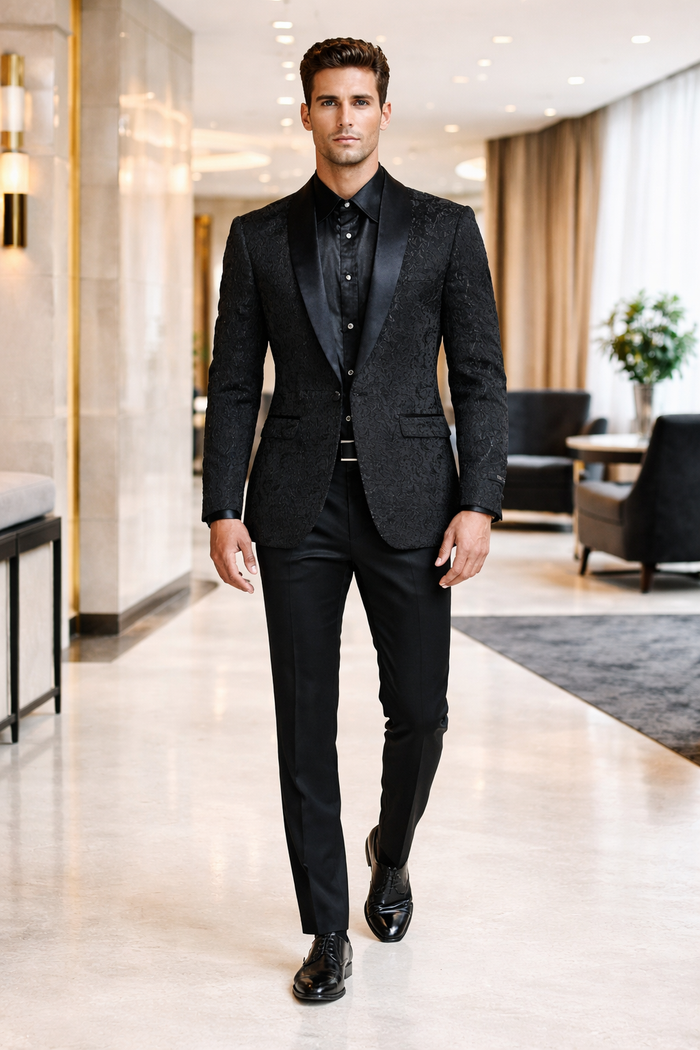 Black Tuxedo - Mens Wedding Suit Tonal Paisley - Black Blazer Only
