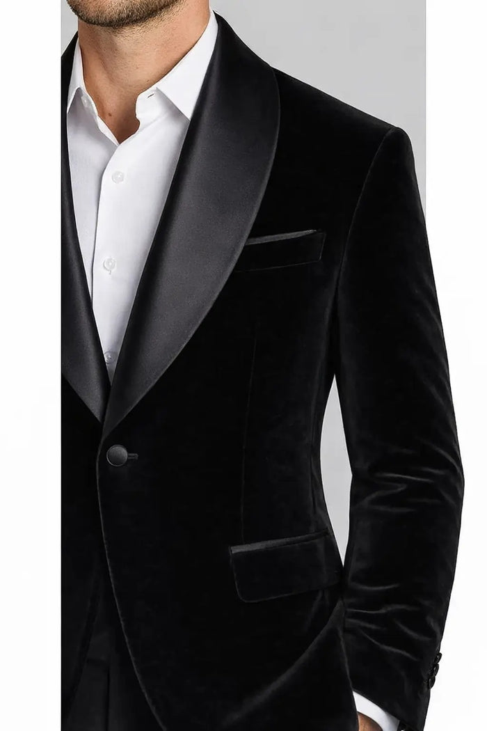 Men’s Black Velvet Shawl Collar Blazer – Elegant Evening and Party Jacket