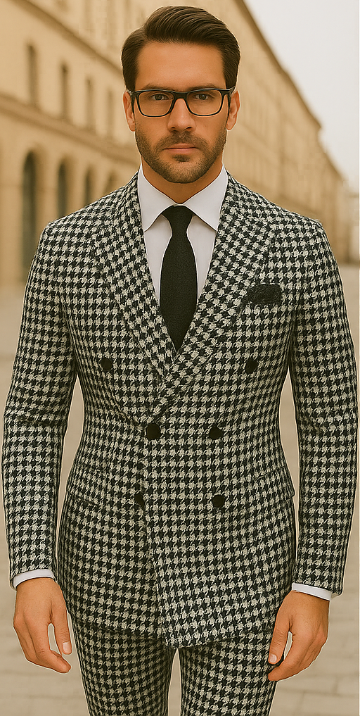 Wool Suit - Italian Made Business Suit by Statement Men's 2 Piece 100% Wool Double Breasted Suit - Houndstooth Pattern