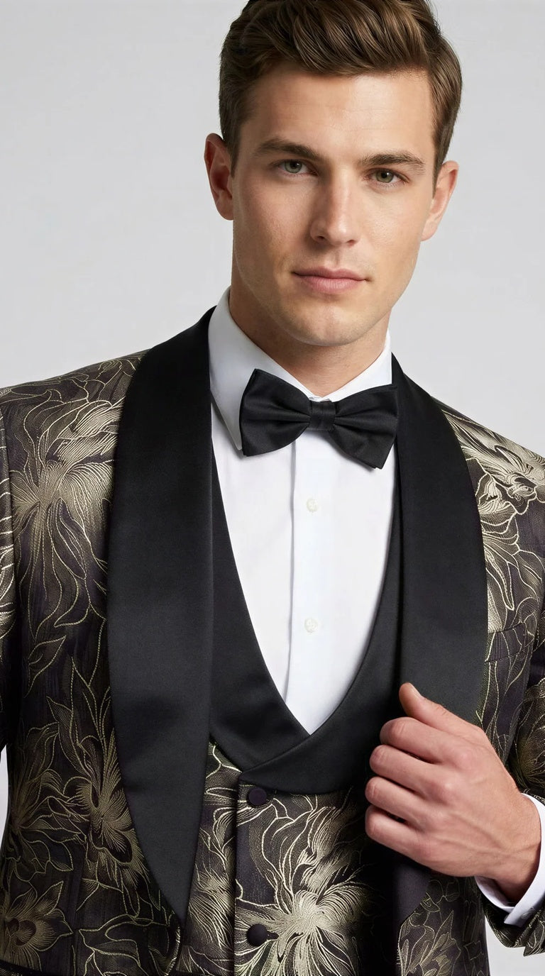 Men's Black & Gold Floral Shawl Lapel Tuxedo Set for Wedding & Prom