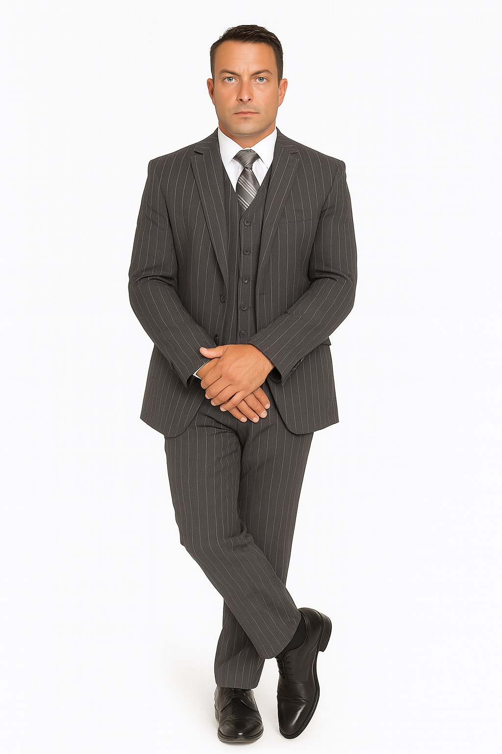 Mens Modern Fit Venetian Gatsby Suit – Charcoal Pinstripe with Vest - Banker Stripe