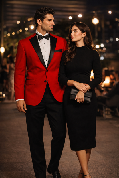 Blazer - Dinner Jacket - Red and Black Lapel Mens Classic 2 Button Notch Lapel Red Tuxedo