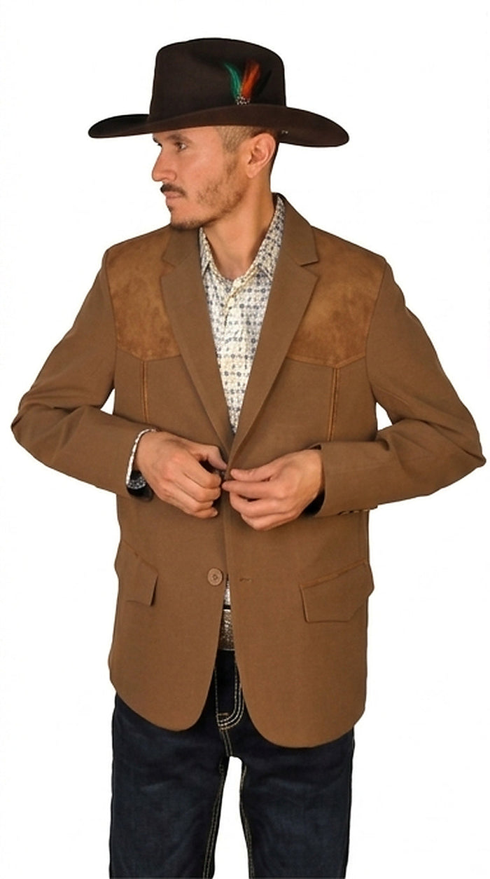 Men's Suede Cowboy Blazer Ultra Slim Fit Mens Western Blazer with Suede Shoulder in Color "Brown"