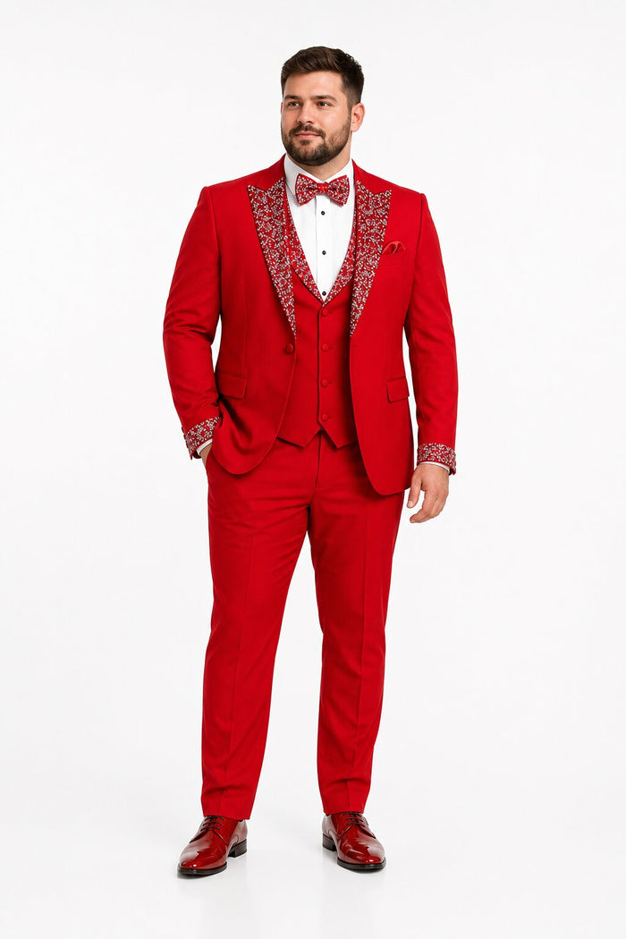 Red Prom Tuxedo - Perfect Wedding Suit Vested Rhinestone sequin Lapelled