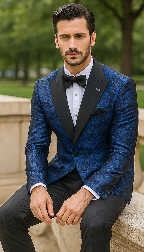 34 Blue Double Breasted Rough Streak Pattern Satin Peak Lapel Stacy ...