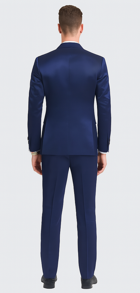 Stylish Blue Satin 3 Piece Slim Fit Tazzio Men's Suit with Double Breasted Vest and Peak Lapel