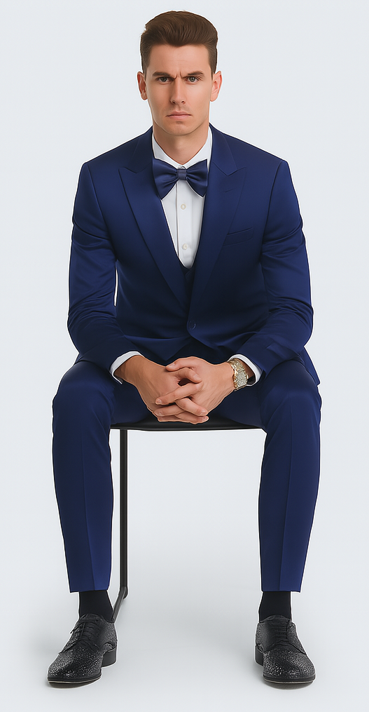 Stylish Blue Satin 3 Piece Slim Fit Tazzio Men's Suit with Double Breasted Vest and Peak Lapel