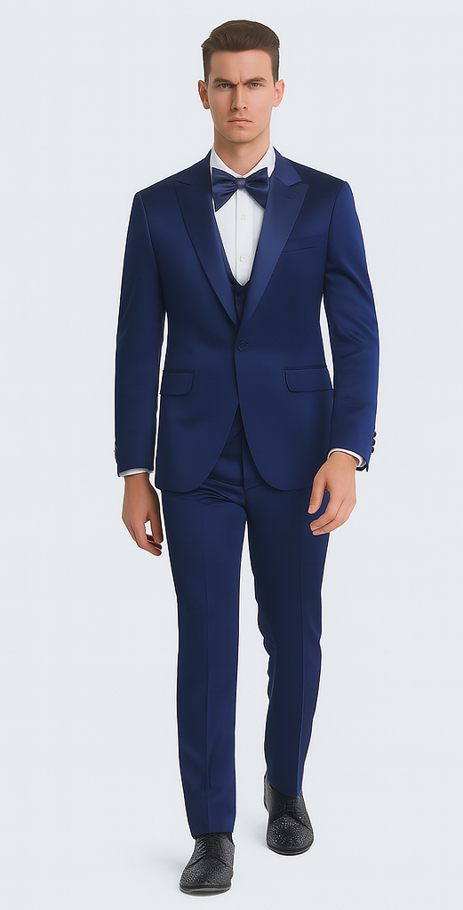 Stylish Blue Satin 3 Piece Slim Fit Tazzio Men's Suit with Double Breasted Vest and Peak Lapel