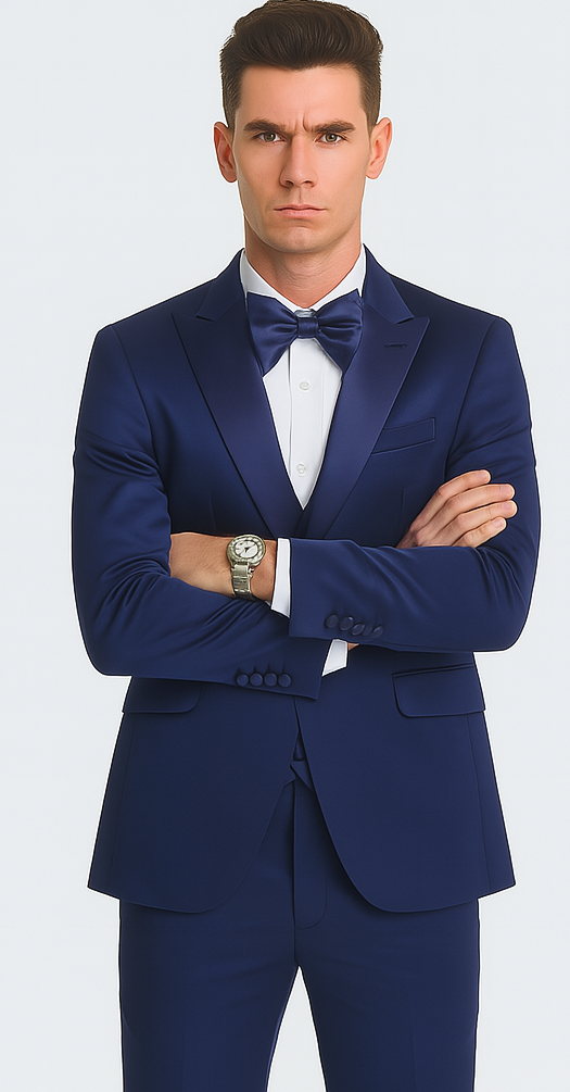 Stylish Blue Satin 3 Piece Slim Fit Tazzio Men's Suit with Double Breasted Vest and Peak Lapel