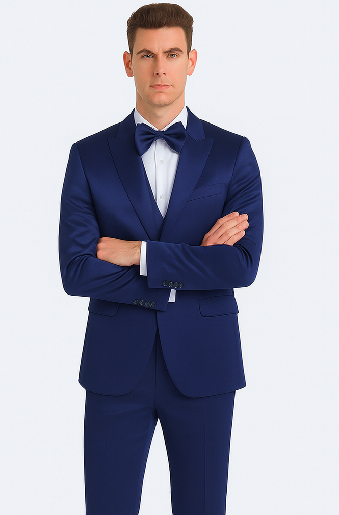 Stylish Blue Satin 3 Piece Slim Fit Tazzio Men's Suit with Double Breasted Vest and Peak Lapel