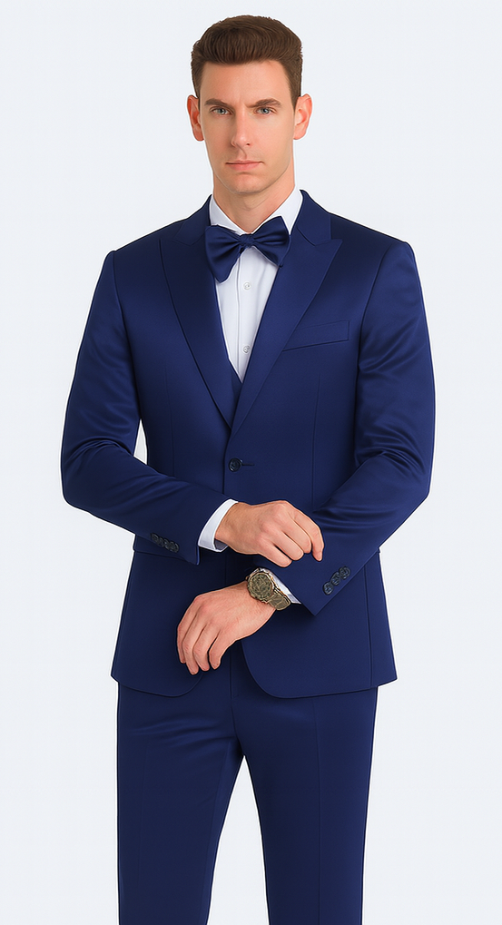 Stylish Blue Satin 3 Piece Slim Fit Tazzio Men's Suit with Double Breasted Vest and Peak Lapel