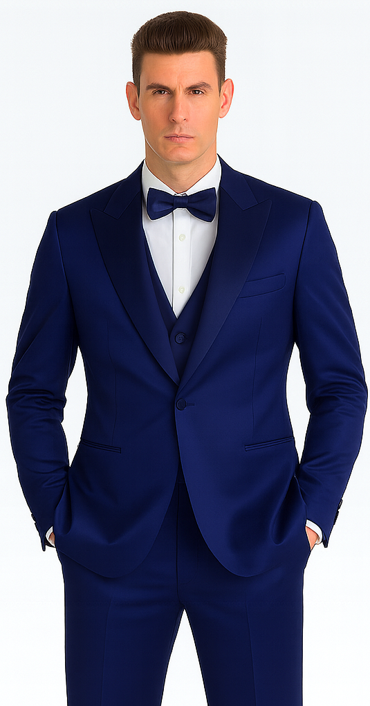 Stylish Blue Satin 3 Piece Slim Fit Tazzio Men's Suit with Double Breasted Vest and Peak Lapel