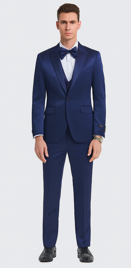 Stylish Blue Satin 3 Piece Slim Fit Tazzio Men's Suit with Double Breasted Vest and Peak Lapel