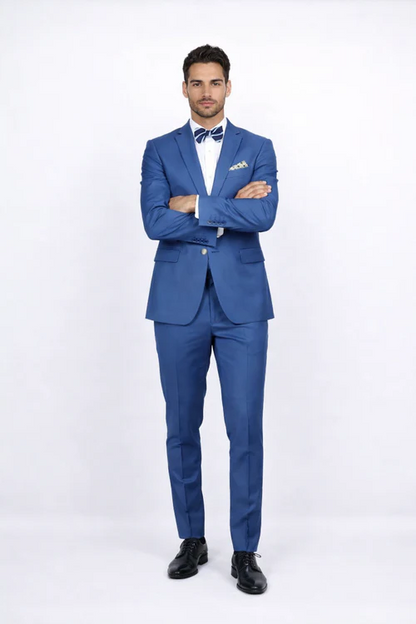 Men Slim Fit Suits - Fitted Suits - Skinny Suit Men's Blue 1 Button Closure Rossiman Rossi Skinny Suit