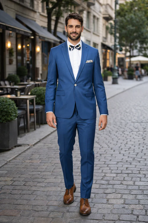 Men's Slim Fit Suit - Fitted Suit - Skinny Suit Men's Blue 1 Button Closure Rossiman Rossi Skinny Suit