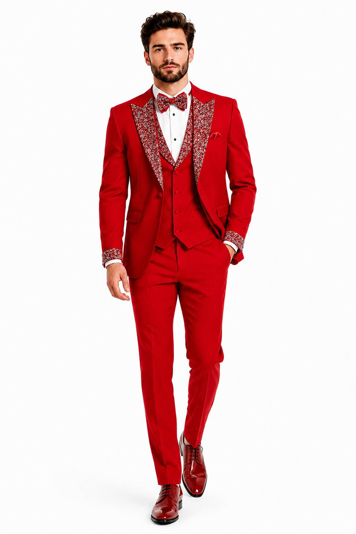 Red Prom Tuxedo - Perfect Wedding Suit Vested Rhinestone sequin Lapelled