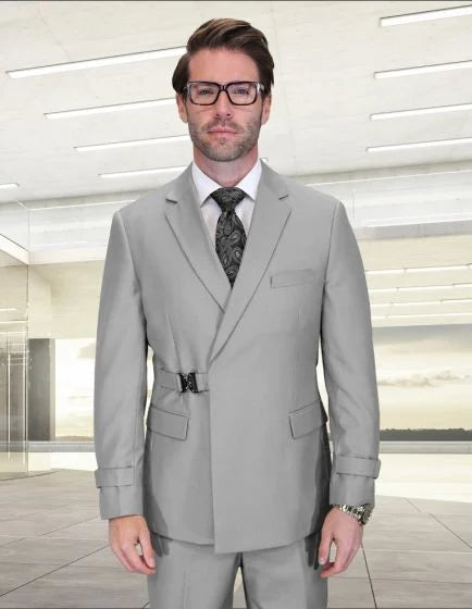 Statement Men's 2 Piece 100% Wool Modern Fit Double Breasted Suit - Metal Buckle