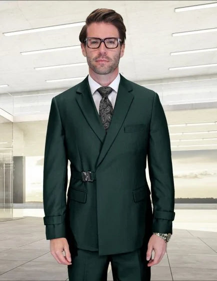 Statement Men's 2 Piece 100% Wool Modern Fit Double Breasted Suit - Metal Buckle