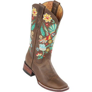 Botas Altas de Cuero con Colibris para Mujer en Horma Rodeo Color Cafe