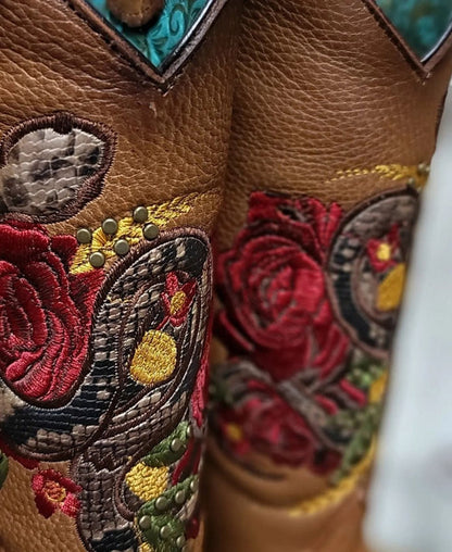 Botas Altas de Cuero con Flores para Mujer en Horma Rodeo