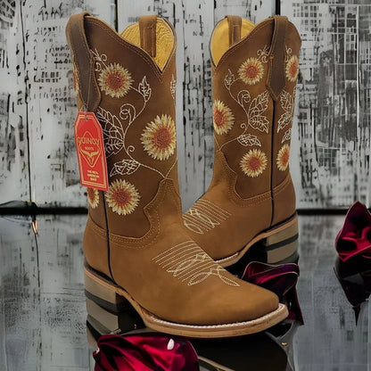 Botas de Cuero con Girasoles para Mujer en Horma Rodeo