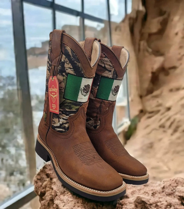 Botas de Cuero Horma Cuadrada Ancha con Bandera de M??xico